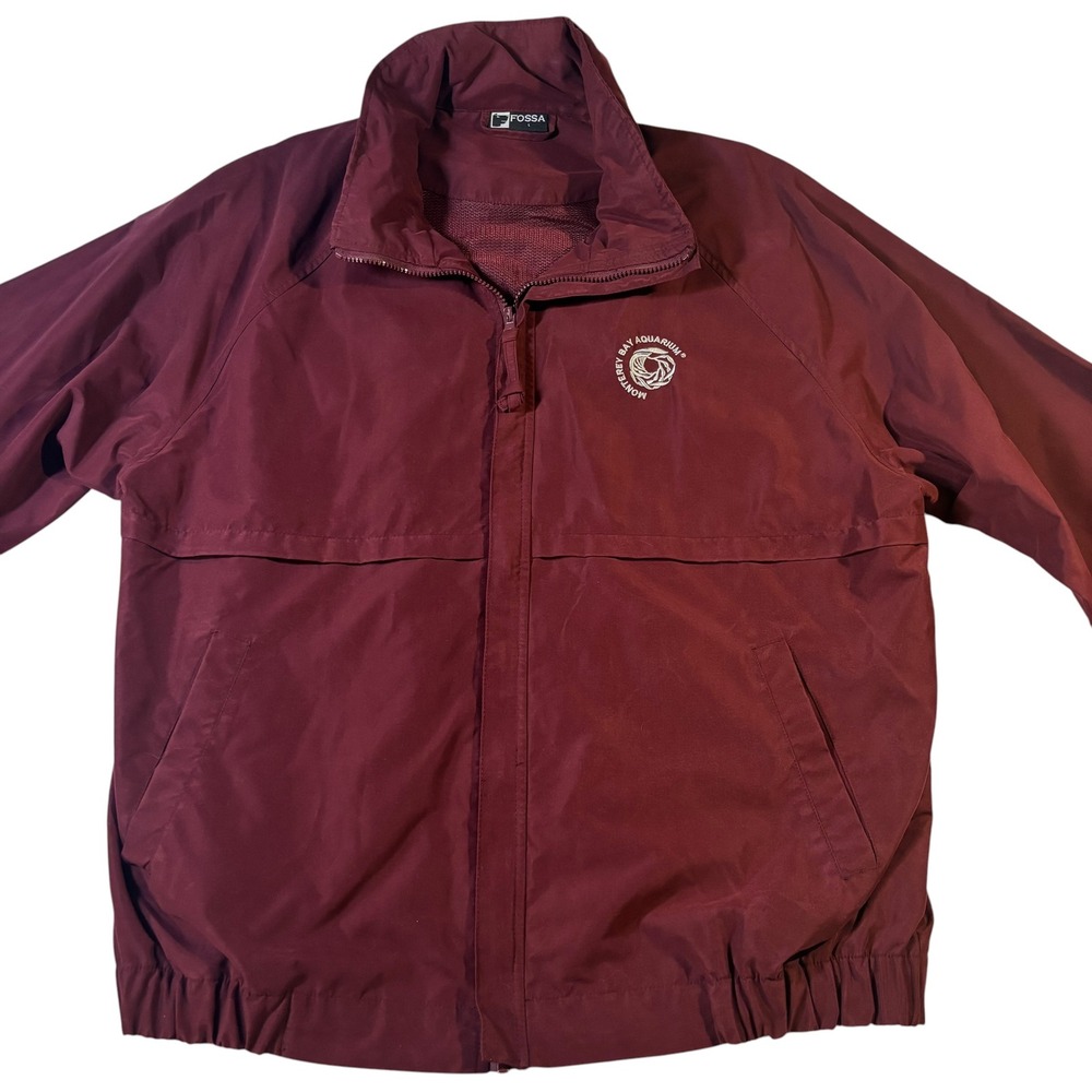 Fossa Mens Large Monterey Bay Aquarium Windbreaker Jacket Maroon Stowaway Hood